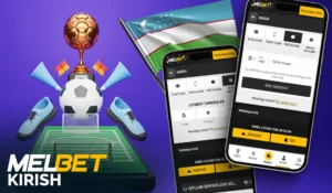 Экраны авторизации Melbet на смартфонах рядом с футбольным мячом, кубком и флагом Узбекистана — Мелбет вход в личный кабинет для игроков