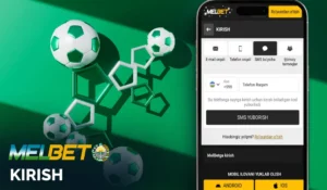 Форма авторизации Melbet на экране смартфона, футбольные мячи и зелёный промо-фон — Мелбет вход в аккаунт через мобильную версию