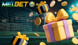 Подарки и золотые монеты на фоне футбольного стадиона Melbet для страницы, где игроки из Узбекистана могут применить Мелбет промокод