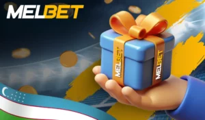Фирменный подарок Melbet в руке на фоне золотых монет и узбекской ленты — визуал к приветственному бонусу, который активирует промокод Мелбет