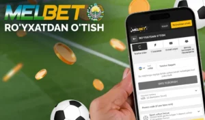интерфейс приложения Melbet на экране смартфона, футбольный мяч и монеты на фоне поля — скачать Мелбет для ставок со смартфона
