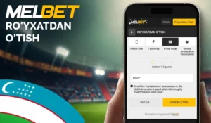 интерфейс приложения Melbet на экране смартфона, стадион на фоне поля — скачать Мелбет для ставок со смартфона