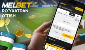интерфейс приложения Melbet на экране смартфона, и монеты на фоне поля — скачать Мелбет для ставок со смартфона