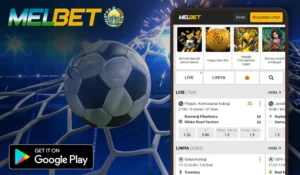 Футбольный мяч в сетке ворот, экран приложения Melbet и значок Google Play — Мелбет на Андроид для просмотра линии ставок и live-событий