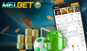 Экран приложения Melbet, значок Android, футбольный мяч и стопки монет на фоне стадиона — Мелбет на Андроид для ставок и управления аккаунтом со смартфона