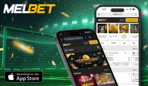Два экрана iPhone с приложением Melbet на фоне футбольного поля и значка App Store — Мелбет iOS для ставок, live-раздела и просмотра купонов