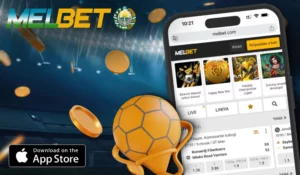 Экран iPhone с линией ставок Melbet, футбольный мяч, золотые монеты и значок App Store — Мелбет iOS для установки приложения в Узбекистане