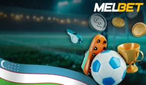 Иллюстрация к обзору платформы Мелбет Узбекистан: трехмерные модели футбольного мяча, оранжевой бутсы, золотого кубка, свистка и монет на фоне вечернего стадиона, внизу расположена лента в цветах узбекского флага.
