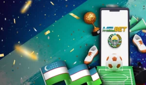Мобильное приложение Мелбет Узбекистан: смартфон, футбольные аксессуары и флаг Узбекистана на праздничном фоне.